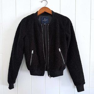 Teddy-Bear-Style Faux Fur Black Bomber Jacket - Size XS